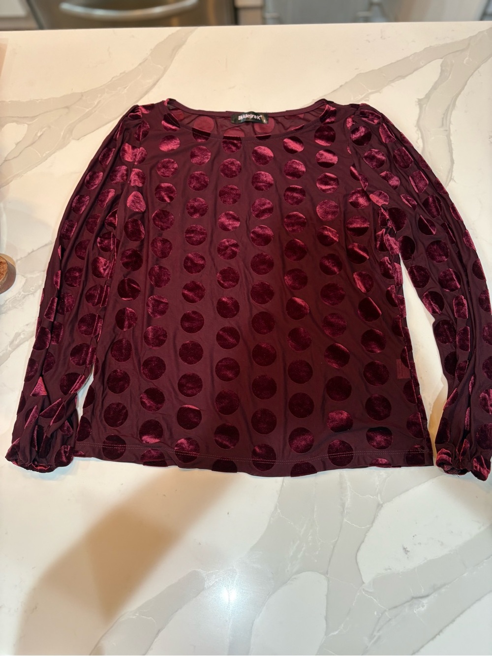 Allegra K Burgundy Velvet Polka Dot Long-Sleeve Top S